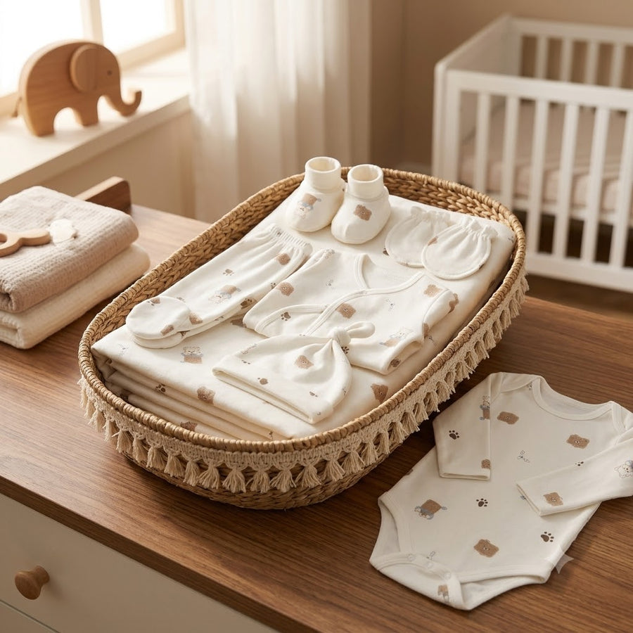 11 Pieces Newborn Baby Suit Set - 100% Organic Cotton Cute Teddy Bear Print Baby Care Layette Set for New Baby Shower Gift
