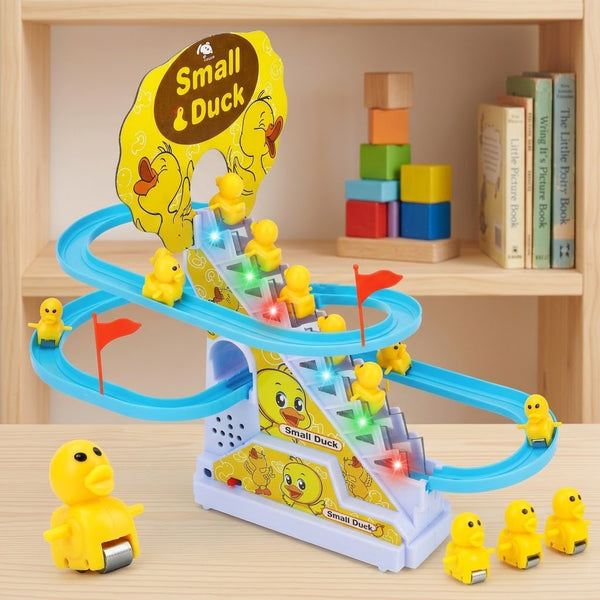Automatic Electric Small Duck Track Slide Toy – Musical Light-Up Stair Climbing Duck Race Track for Kids